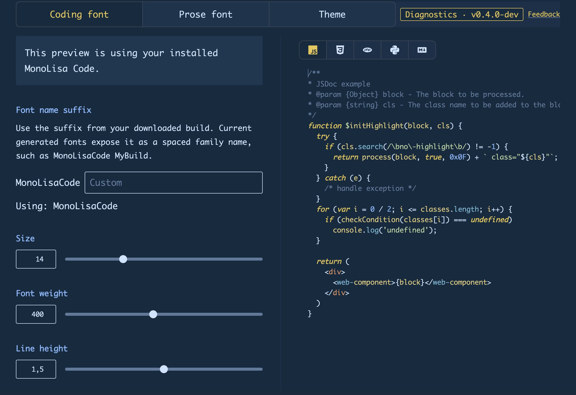 The MonoLisa for VS Code coding-font panel with typography controls and a live JavaScript preview