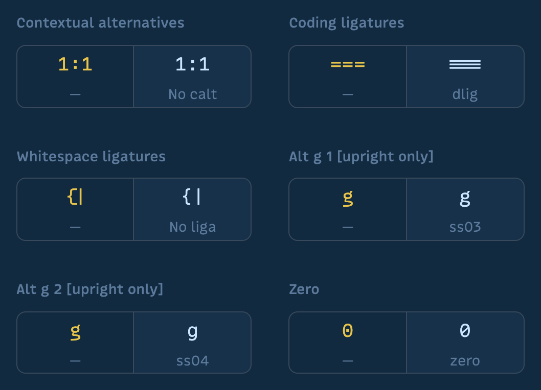 Close-up of MonoLisa OpenType selectors showing ligatures, alternate g forms, and zero styles