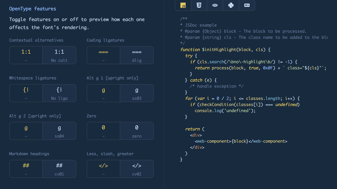 OpenType feature selectors next to the live code preview in MonoLisa for VS Code