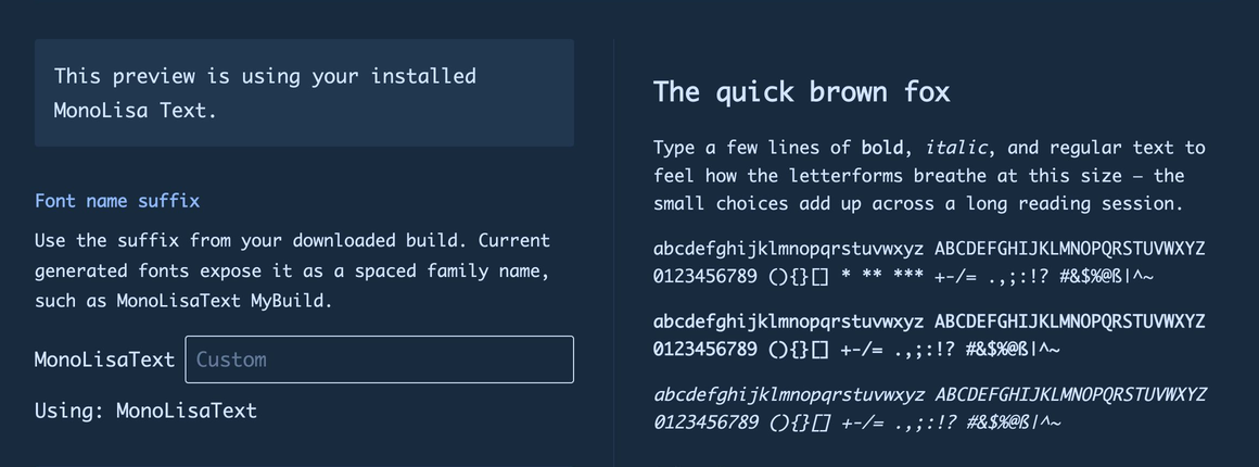The prose-font panel previewing MonoLisa Text in headings, paragraphs, bold, italic, and ligature samples