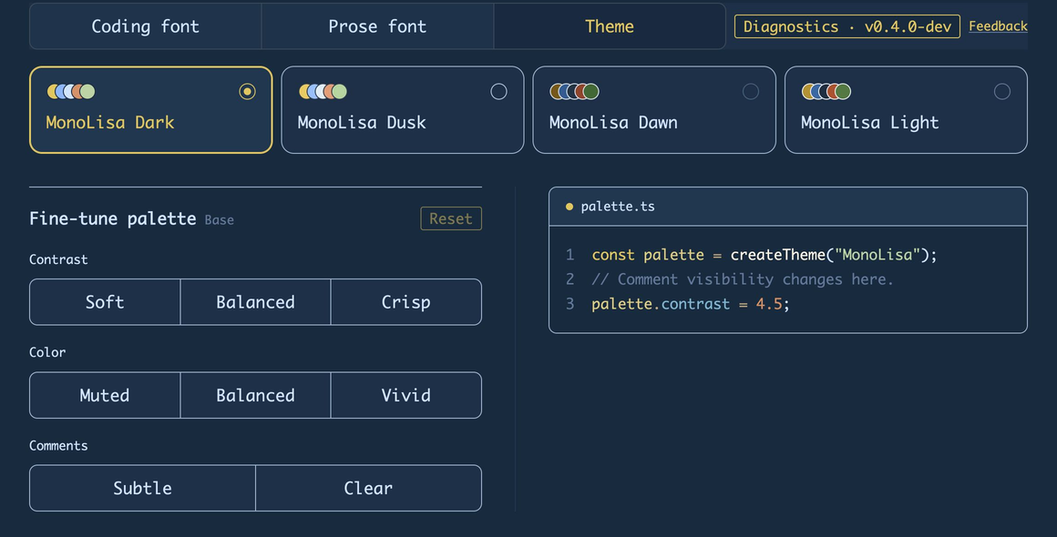 The four MonoLisa themes with controls for palette contrast, color intensity, and comment prominence